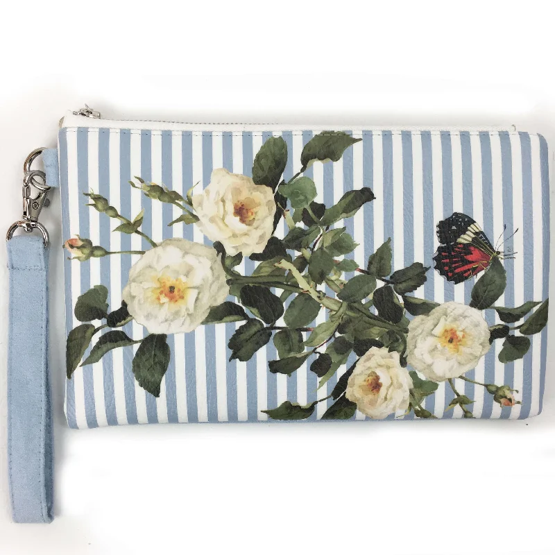 Blue & White Stripe Rose Vegan Leather Wristlet,Clutch,Ladies handbag,Botanical handbag,Flower handbag,Floral clutch,madeinUSA Classic Totes At Unbeatable Deals