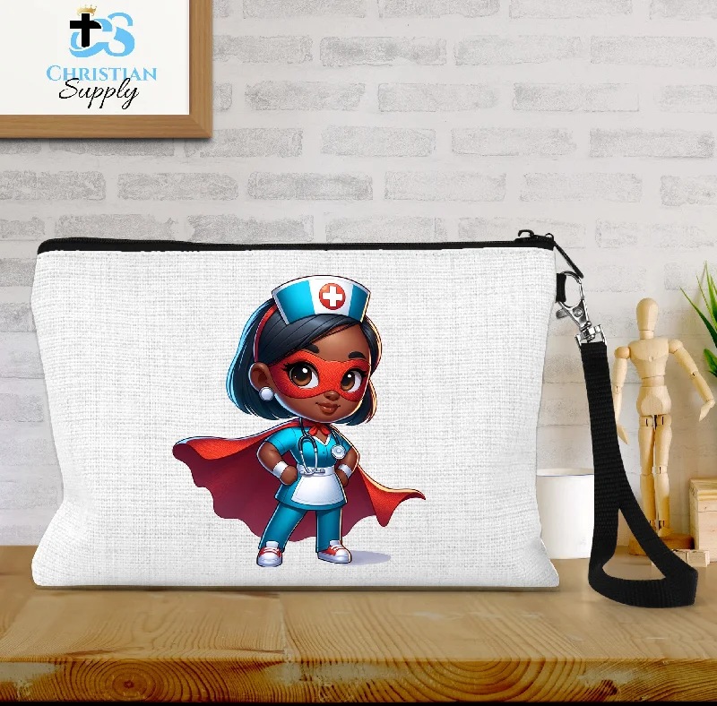 Kids Nurse Medical Christian Superhero Girl White Blue Outfit Wristlet Elegant Bags, Limited Stock