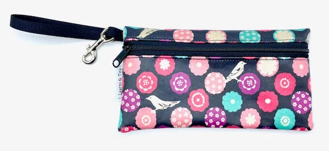 Large Wristlet in Dark Plum Bird Print Designer Bags At Exclusive Clearance Prices