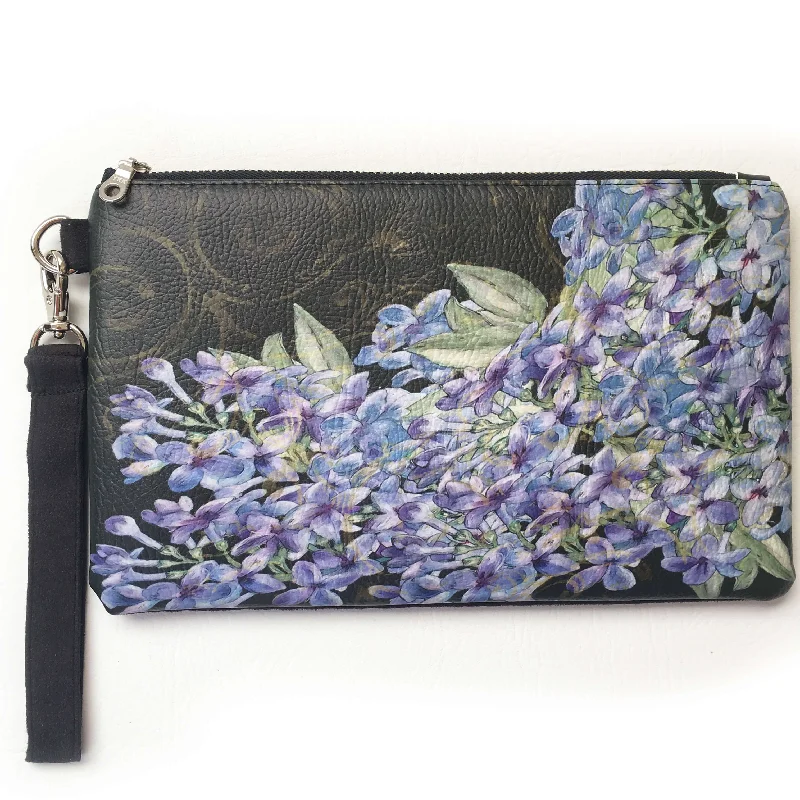 Lilacs on Black Wristlet - vegan leather/suede Best Deals On Premium Handbags