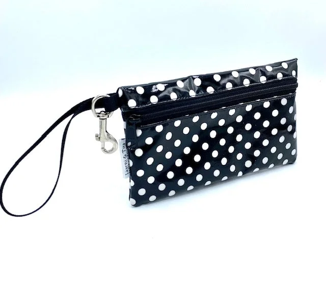 Medium Wristlet in Black & White Polka Dots Trendy Handbags At Limited-Time Discounts
