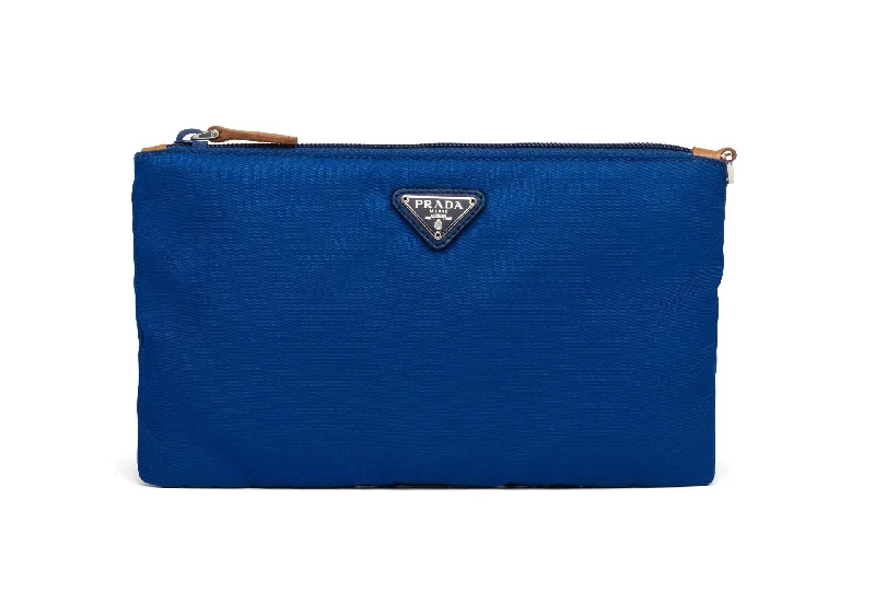 Prada Blue Tessuto Nylon Pouch Wristlet Clutch Silver Must-Have Bags At Irresistible Discounts