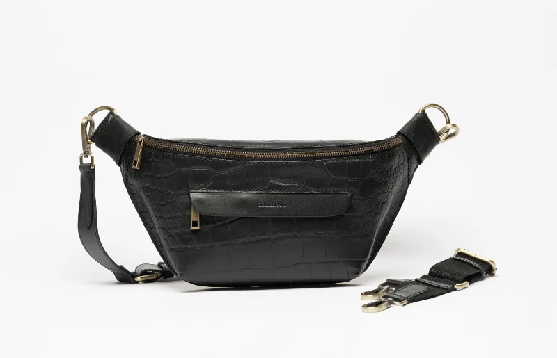 Leather Bum Bag Black Croco Premium Handbags At Unbeatable Markdowns