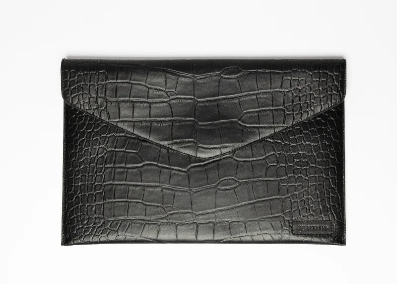 Leather Laptop Sleeve, 15'', Black Croco Flash Sale On Designer Bags