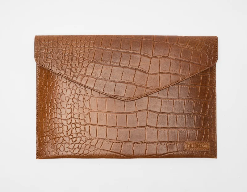 Leather Laptop Sleeve, 15'', Cognac Croco Designer Bags At Lower Prices