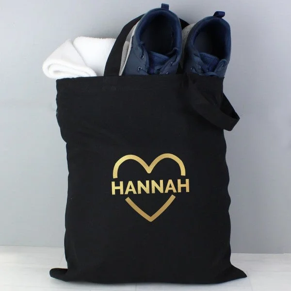 Personalised Gold Heart Black Cotton Bag Must-Have Bags, Big Discounts