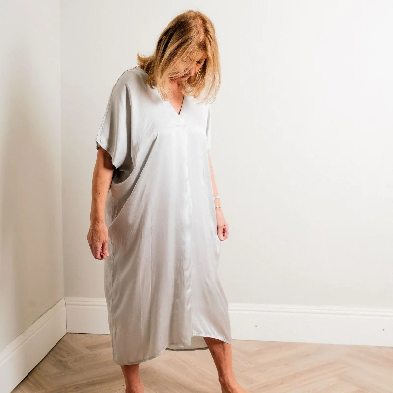 Ends Soon Silver Silky Soft Mid Length Kaftan Day and Beach Dress. Affordable Elegance, Grab Yours Now