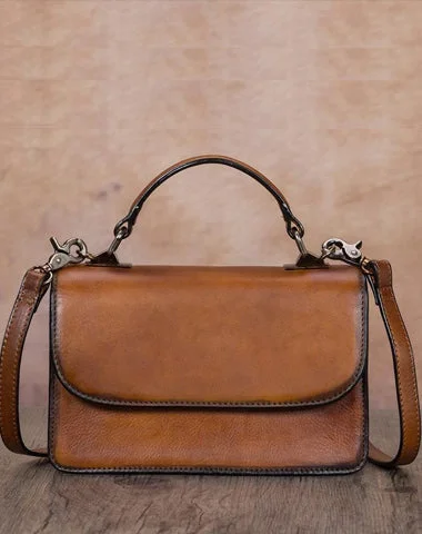 Trendy Fashion Sale Tan Vintage Womens Leather Square Satchel Handbag Brown Shoulder Bag Purse for Ladies Elegant Totes At Limited-Time Prices