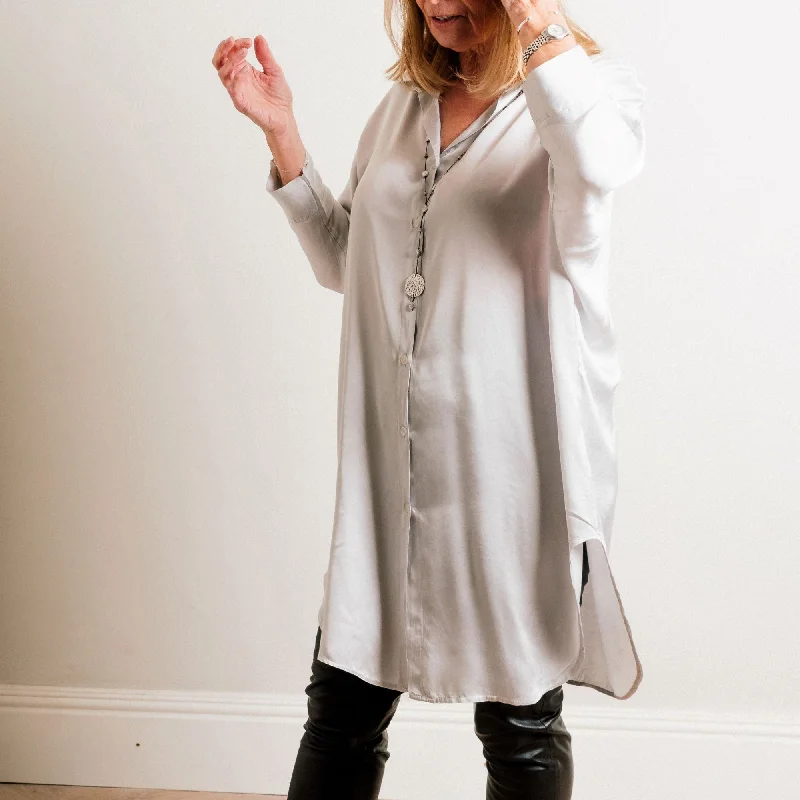 Silver Silky Soft Oversize Trapeze Drape Shirt/Shirt Dress Fashionable Handbags, Limited-Time Deals
