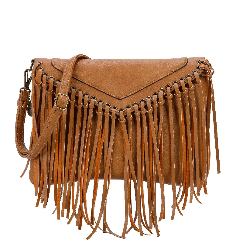 Chic Trend Collection Dallas Fringe Crossbody Bag - Light Brown Premium Bags At Special Prices