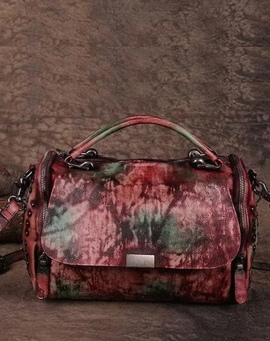 Clearance Bags For Budget Shoppers Hand-Dyed Vintage Womens Leather Handbags Red Side Bag Green SHoulder Bag Purse for Ladies Timeless Handbags At Reduced Prices