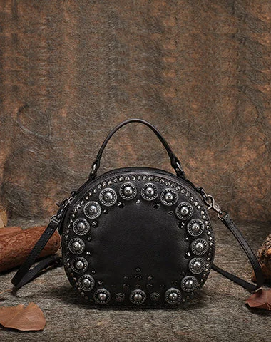 Bags For Sporty And Athletic Styles Handmade Womens Gray Leather Round Handbag Purses Rivet Round Shoulder Bag Crossbody Handbag for Women Premium Handbags At Exclusive Prices