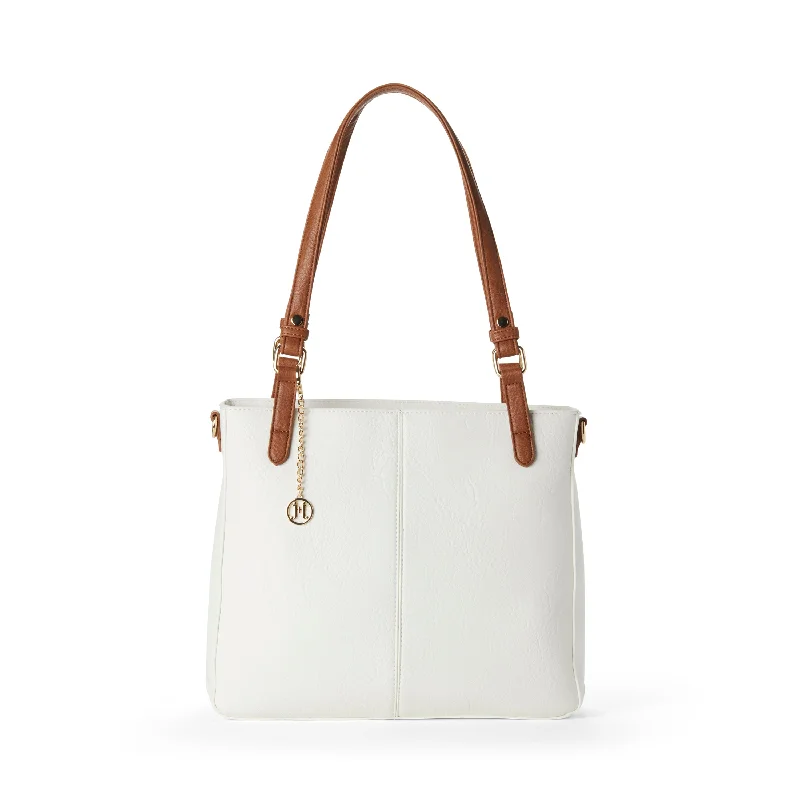 Statement Fashion Offers MENA Vegan Tote Bag in White + Camel Trendy Purses At Exclusive Promotional Rates