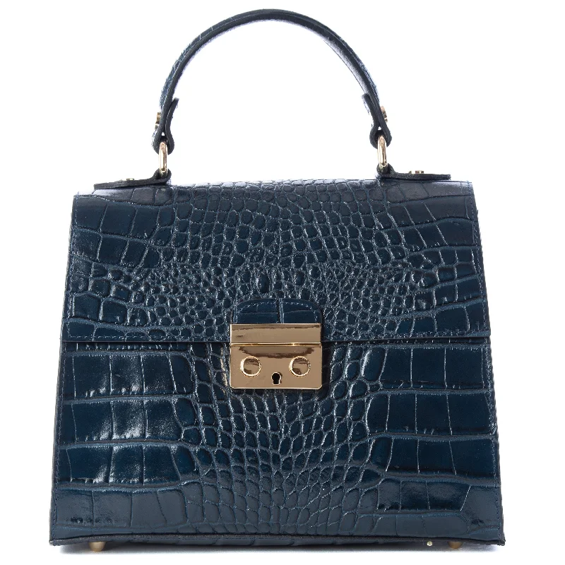 Scratch-Resistant And Luxury Sale Bags Navy Blue Real Italian Leather Croc Satchel Tote Bag Must-Have Bags, Big Discounts