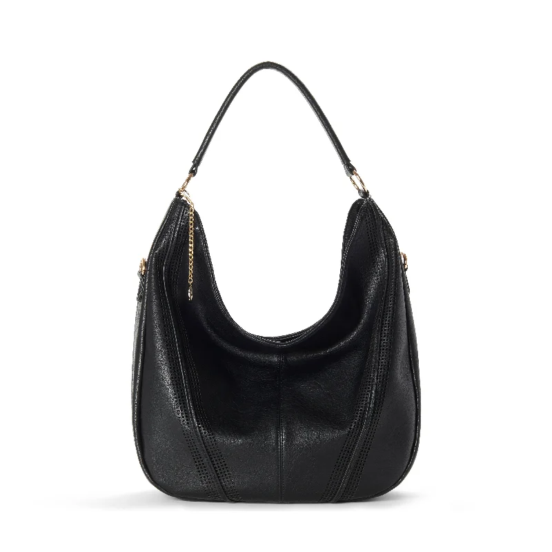Fashion Forward SAVANNAH Perforated Vegan Hobo Bag in Black Luxury Bags, Budget Prices