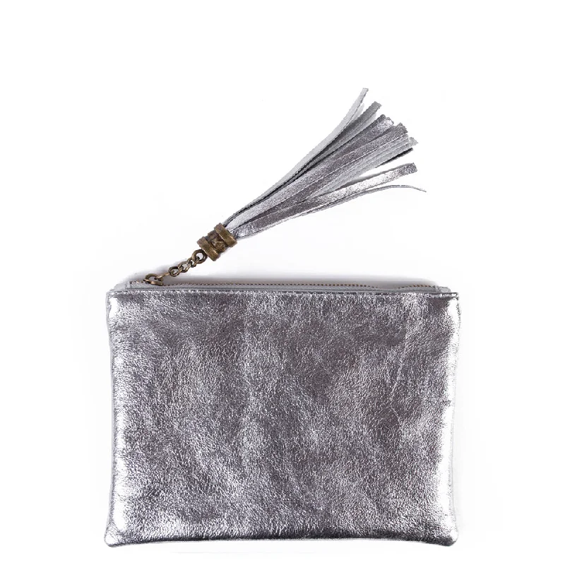 Exclusive Designer Style Deals Silver Real Leather Tassel Clutch Bag Trendy Purses, Limited Offer