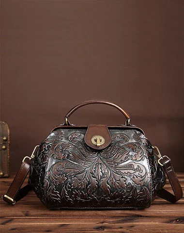 Latest Fashion Small Womens Coffee Floral Leather Doctor Handbag Purses Vintage Coffee Doctor Side Purse for Women Fashionable Bags At Must-Have Prices