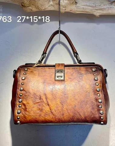 Vintage Womens Brown Leather Doctor Handbag Purses With Rivet Doctor Shoulder Bag for Women Unmissable Deals On High-Quality Designer Bags