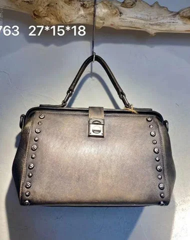 Vintage-Inspired Style Offers Vintage Womens Gray Leather Doctor Handbag Purses With Rivet Doctor Shoulder Bag for Women Luxury Handbags At Budget-Friendly Rates