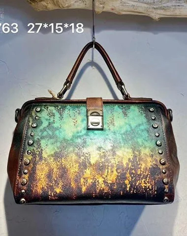 Luxurious Bags With Limited-Time Offers Vintage Womens Green Leather Doctor Handbag Purses With Rivet Doctor Shoulder Bag for Women Best Bag Sale Of The Season