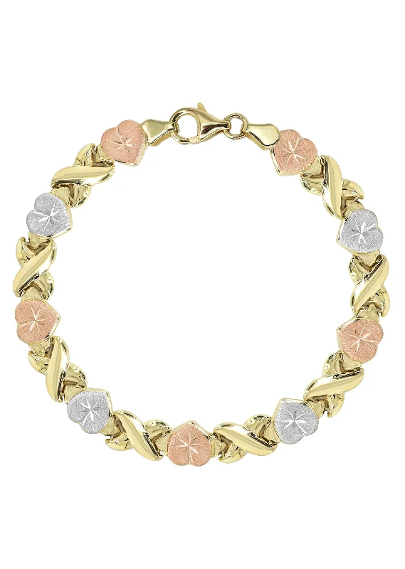 Trending Jewelry Styles Now At Limited-Time Discounts YELLOW GOLD "XO HEART" HOLLOW TRI-COLOR BRACELET FOR WOMEN | APPX 5.4 GRAMS