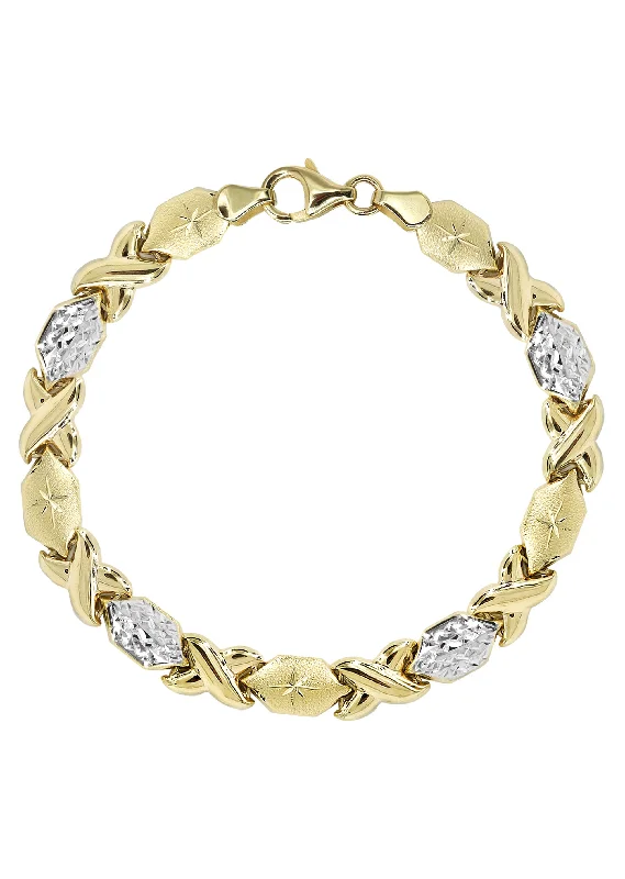 Discounted Jewelry For A Glamorous Look YELLOW GOLD "XO" HOLLOW DIAMOND CUT TWO TONE BRACELET FOR WOMEN | APPX 5.4 GRAMS