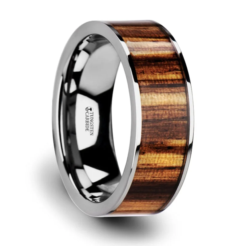 Unique Jewelry For Less – Shop The Sale Now Thorsten Copan Flat Tungsten Carbide Ring with Polished Edges & Real Zebra Wood Inlay (8mm) W3763-TCZW