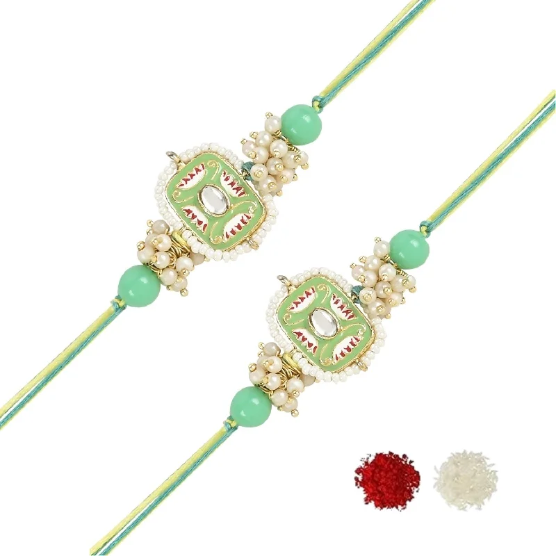 Affordable Gold-Plated Jewelry For Modern Fashion Etnico I Jewels Pearl & Kundan Designer Bhaiya Rakhi With Roli Chawal for Brother/Bro/Men with Rakshabandhan Card (R106Min-2)(Pack of 2)