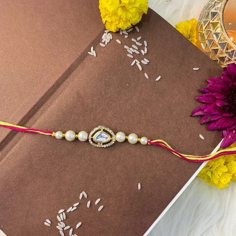 Personalized Engraved Jewelry For Meaningful Gifts Etnico I Jewels Pearl & Kundan Designer Bhaiya Rakhi With Roli Chawal for Brother/Bro/Men with Rakshabandhan Card (R121W)