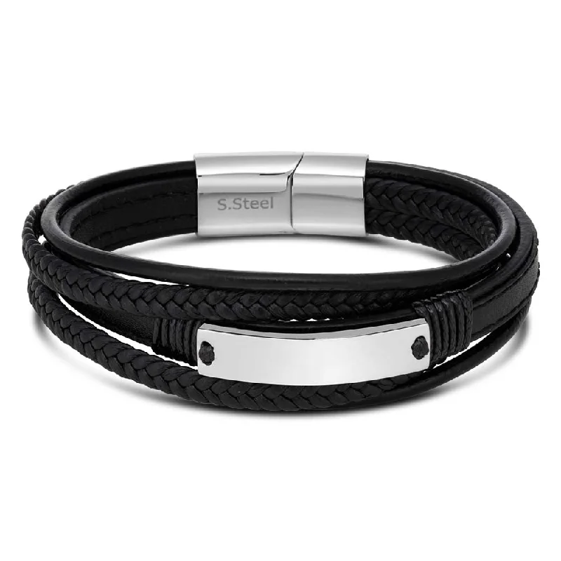 Shop Signature Jewelry Styles At Exclusive Prices Stainless Steel and Leather Gents Magnetic Black Leather Bracelet with I.D. Plate