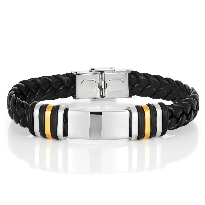 Dainty Floral Jewelry For Feminine Elegance Stainless Steel Black Leather Gold Plated Gents Bracelet