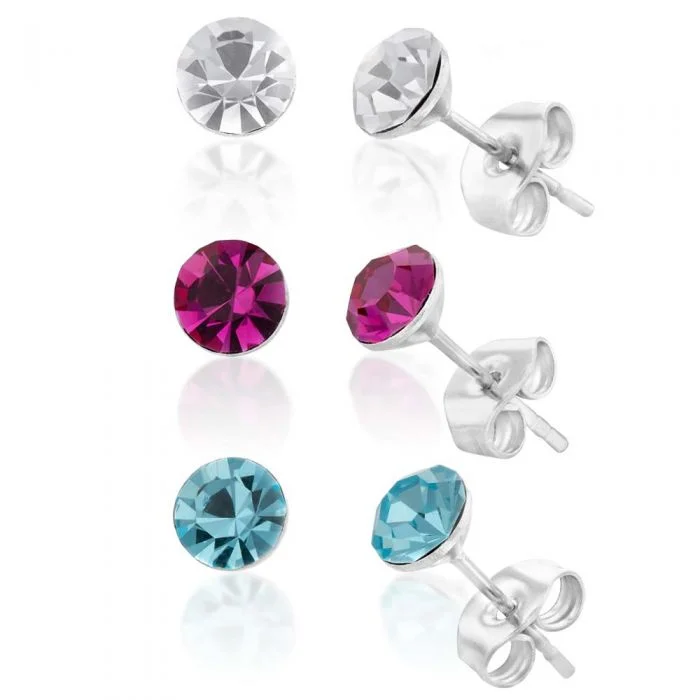 The Perfect Jewelry Piece At The Perfect Discount Stainless Steel Crystal Studs Set of 3 - White Aqua Fucshia