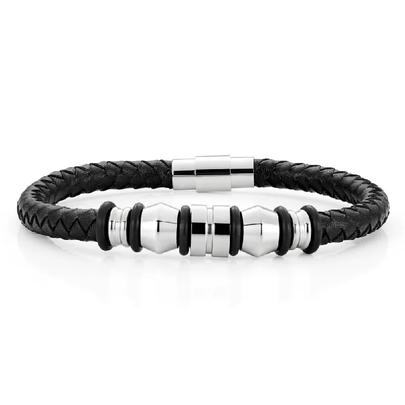 Big Discounts On Elegant Jewelry Collections Stainless Steel 'Forte' Black Woven Gents Leather Bracelet