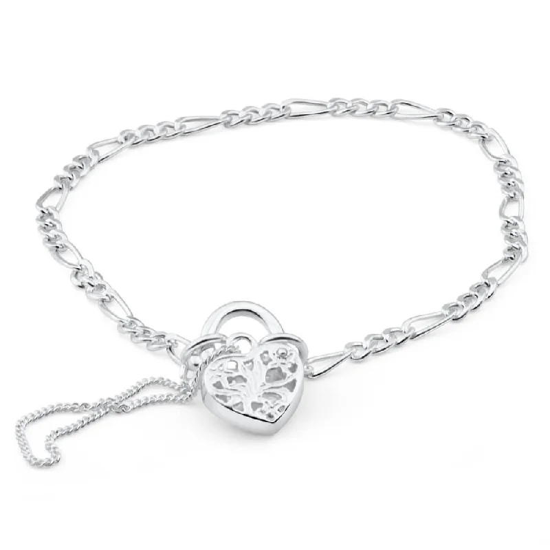 Timeless Elegance At Unbelievable Discounts Sterling Silver Figaro 1:3 Heart Padlock Bracelet