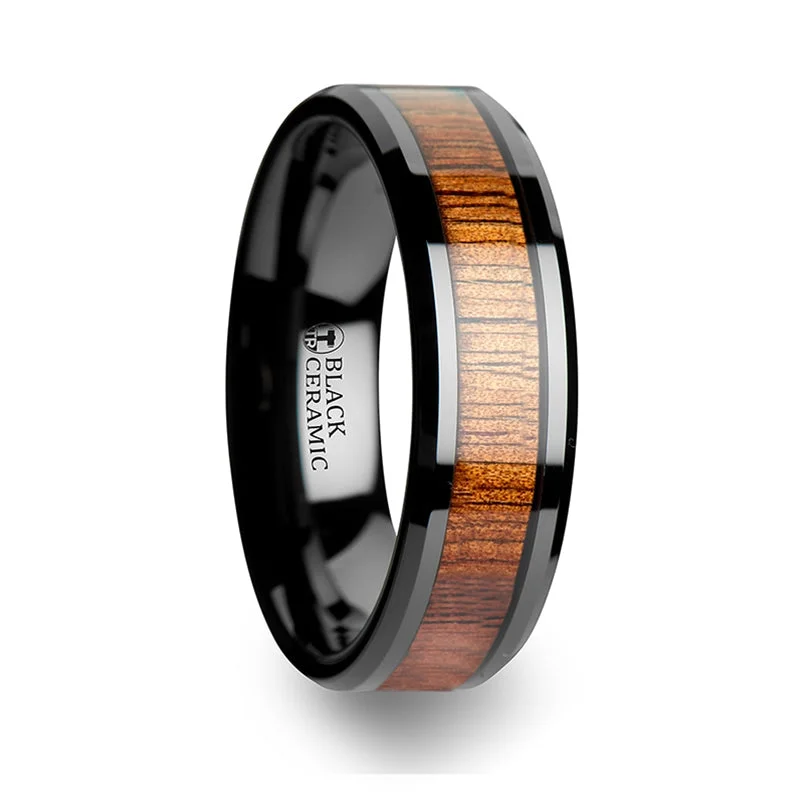 Trending Jewelry Styles Now At Limited-Time Discounts Thorsten Acacia Koa Wood Inlaid Black Ceramic Ring w/ Bevels (4-10mm) C1958-KOWI