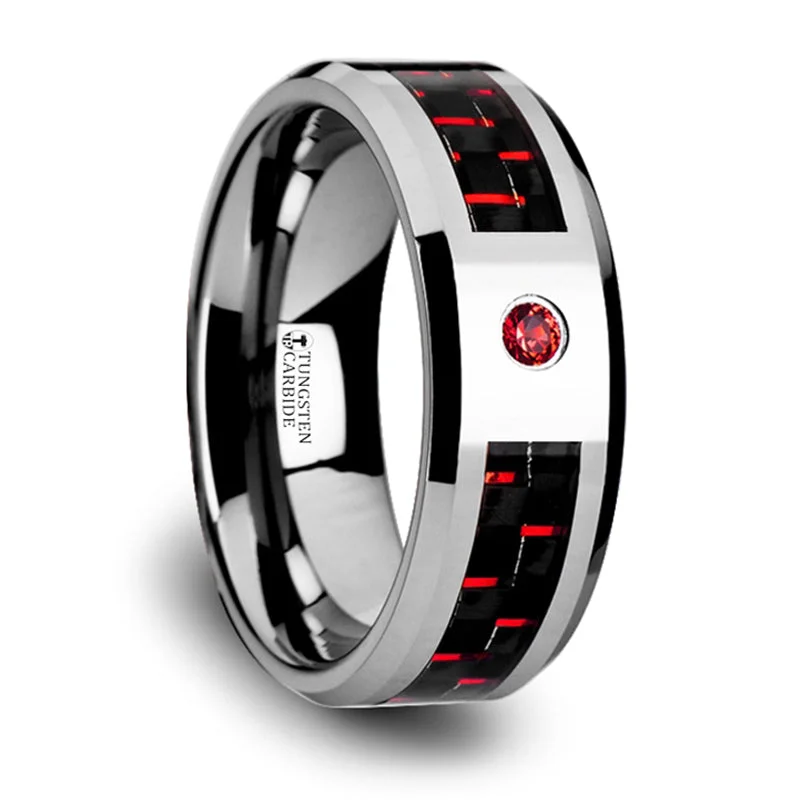 Elegant Jewelry, Exclusive Prices – Shop Now Thorsten Adrian Tungsten Carbide Ring w/ Black & Red Carbon Fiber & Red Ruby Setting with Bevels (8mm) W2959-TCRD