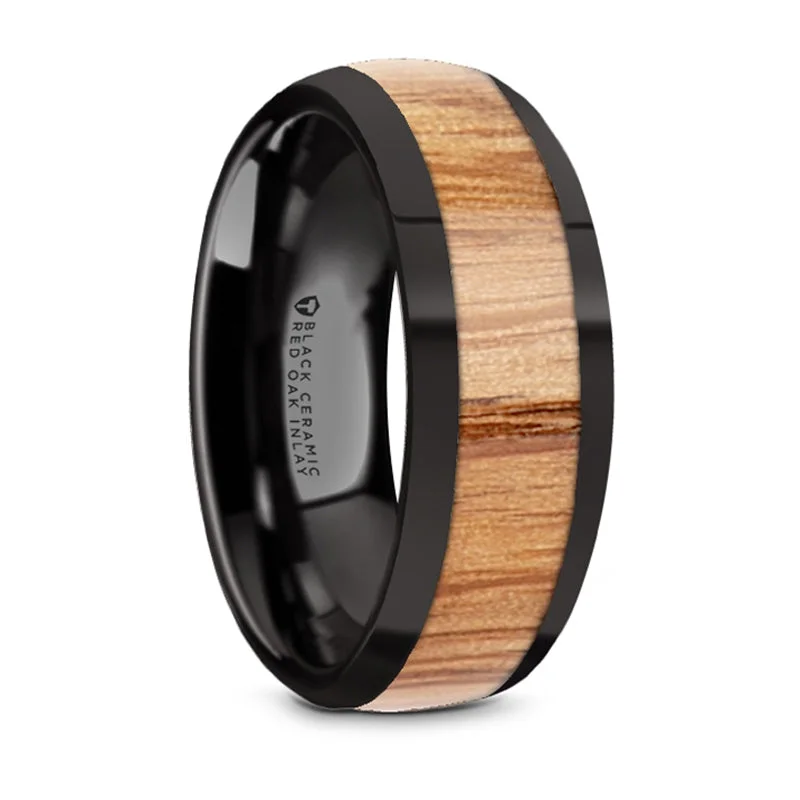 Shop Stylish Jewelry Now And Save Big Thorsten Ambrose Black Ceramic Polished Edges Domed Wedding Band w/ Red Oak Wood Inlay (8mm) W5971-BCRO