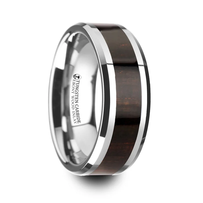 Exclusive Jewelry Sale – Shine For Less Thorsten Arcane Ebony Wood Inlaid Tungsten Carbide Ring w/ Bevels (8mm) W4273-EWWI