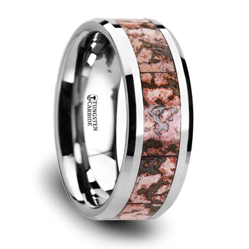 Shop Dazzling Jewelry At The Best Prices Thorsten Archean Pink Dinosaur Bone Inlaid Tungsten Carbide Beveled Edged Ring (8mm) C3811-TCDB