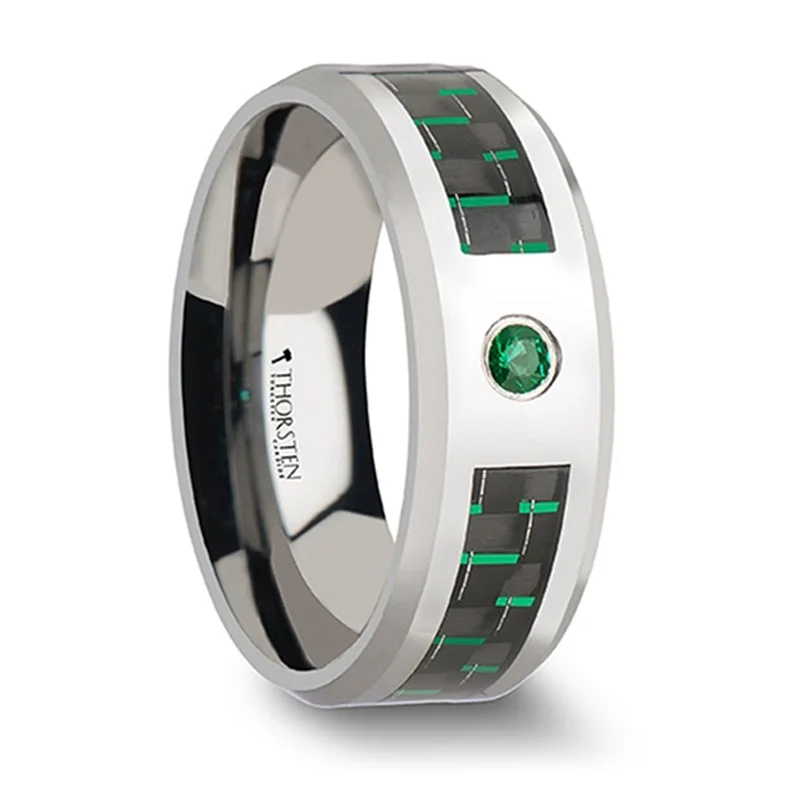 Huge Savings On Timeless Jewelry Collections Thorsten Aspen Tungsten Carbide Ring w/ Black & Green Carbon Fiber & Emerald Setting (8mm) W866-TEBG