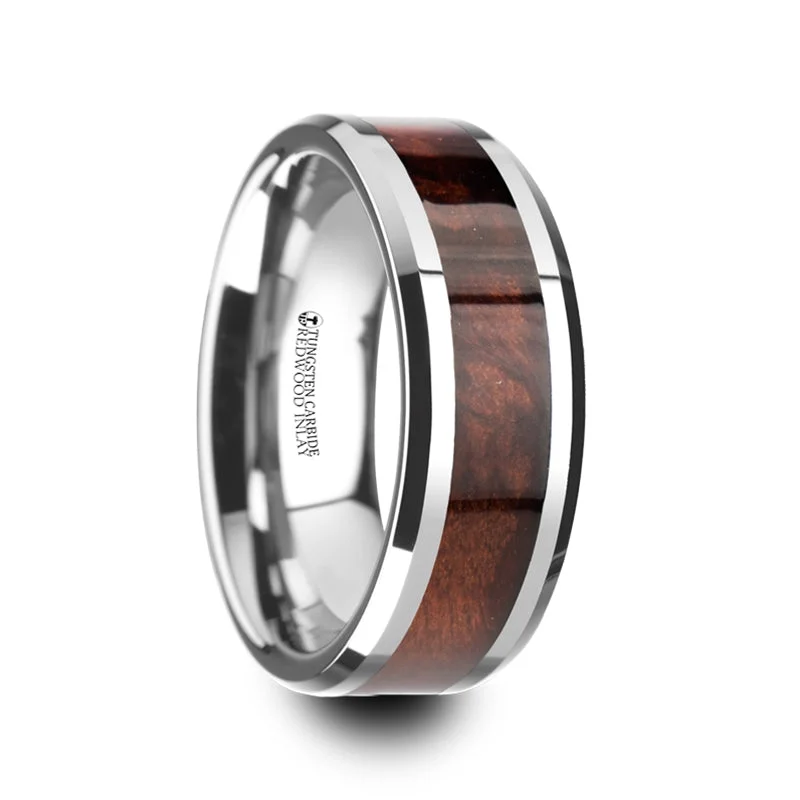 Grab Your Favorite Jewelry At The Lowest Prices Thorsten Auburn Red Wood Inlaid Tungsten Carbide Ring w/ Bevels (8mm) W4271-RWWI