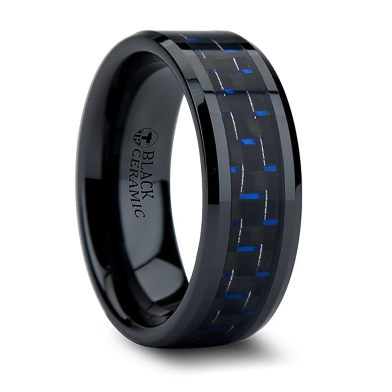 Shop Stylish Jewelry Now And Save Big Thorsten Avitus Black Beveled Ceramic Ring w/ Blue & Black Carbon Fiber Inlay (4-10mm) W874-BBCF