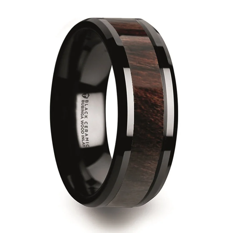 Last Chance To Grab Your Favorite Jewelry At A Discount Thorsten Benny Black Ceramic Polished Beveled Edges Men’s Wedding Band w/ Bubinga Wood Inlay (8mm) C5981-BCBW