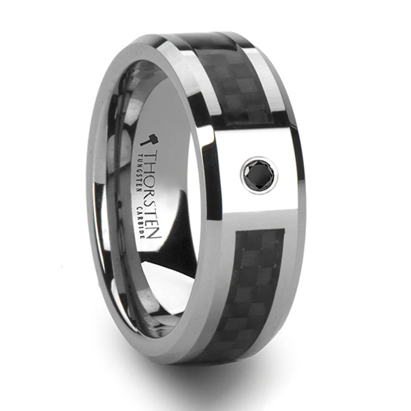 Chic And Stylish Jewelry At Exclusive Prices Thorsten Bentley Tungsten Carbide Ring w/ Black Carbon Fiber & Black Diamond (8mm) W802-BCBD