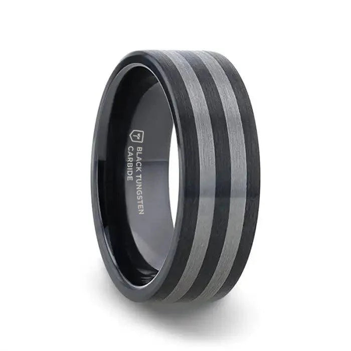 Timeless Jewelry At Special Discount Rates Thorsten Beta Black Ceramic Flat Profile Wedding Band w/ Brushed Tungsten Inlay (8mm) W3211-DCIB