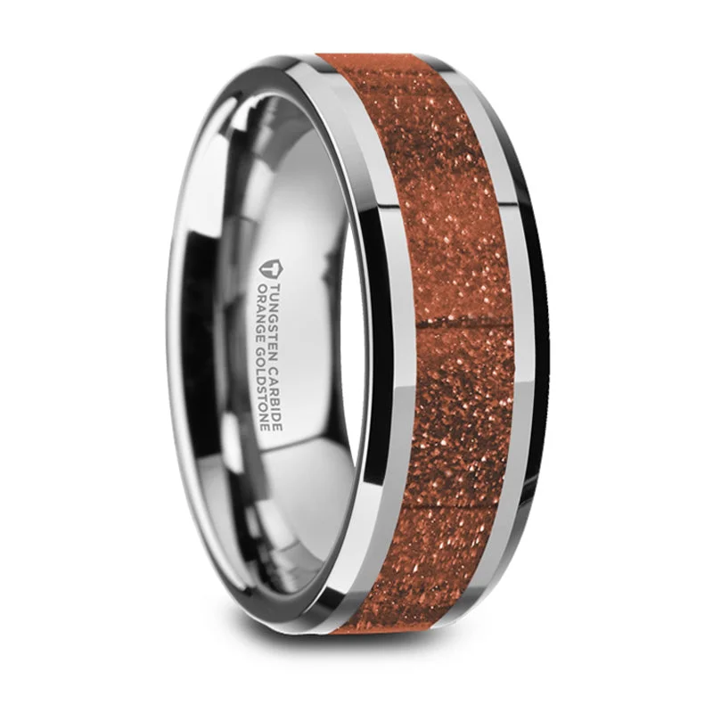 Limited-Time Jewelry Sale – Don't Miss These Deals Thorsten Bodhi Polished Finish Beveled Edges Tungsten Wedding Band w/ Orange Goldstone Inlay (8mm) W5988-WTGS