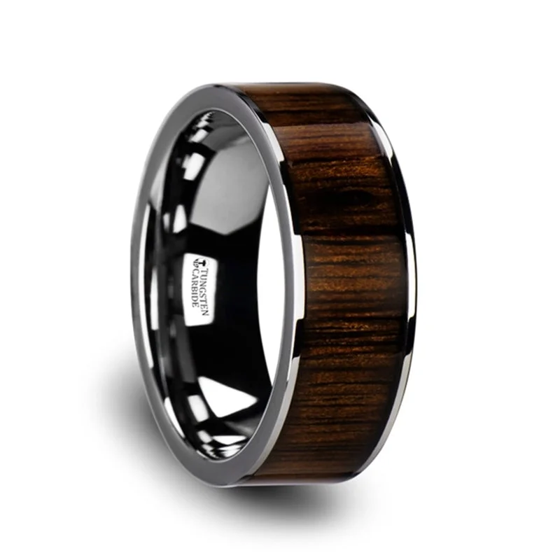 Elegant Designs, Unbeatable Discounts – Shop Jewelry Now Thorsten Bokken Flat Tungsten Wedding Band w/ Black Walnut Wood Inlay & Polished Edges (6-10mm) W3755-TCBW