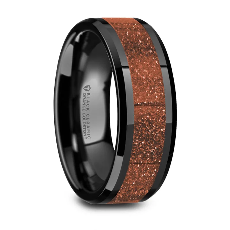 Sparkle More For Less – Jewelry Sale Happening Now Thorsten Bolin Black Ceramic Polished Finish Beveled Edges Wedding Band w/ Orange Goldstone Inlay (8mm) W5987-BCGS