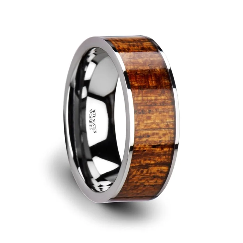 Buy More, Save More – Special Jewelry Discounts Thorsten Bolo Flat Tungsten Carbide Band w/ Exotic Mahogany Hard Wood Inlay & Polished Edges (8mm) W3757-MHWI