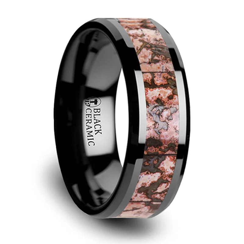 Flash Jewelry Sale – Get Stunning Pieces At Low Prices Thorsten Cambrian Pink Dinosaur Bone Inlaid Black Ceramic Beveled Edged Ring (8mm) C3815-TCDB